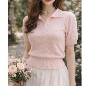 VTG JG Hook Polo Sweater L Pink Angora Lambswool Knit Feminine Coquette Dainty